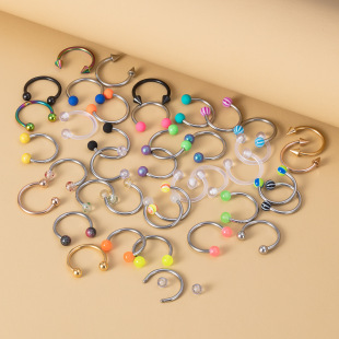 Cross-Border mixed color stainless steel acrylic nose ring 40 sets of combination lip nails eyebrow nails round ball pointed horseshoe C Rod