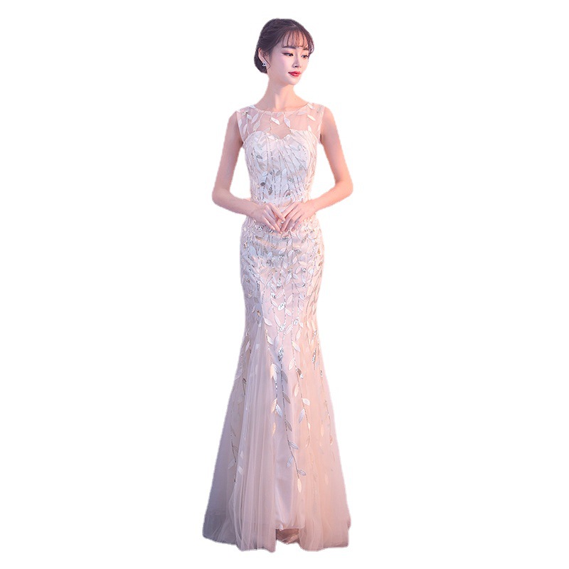Evening Dress Women's 2024 New Style Champagne Color Banquet Noble Elegant Host Long Fishtail Party Long Dress Slim-fit