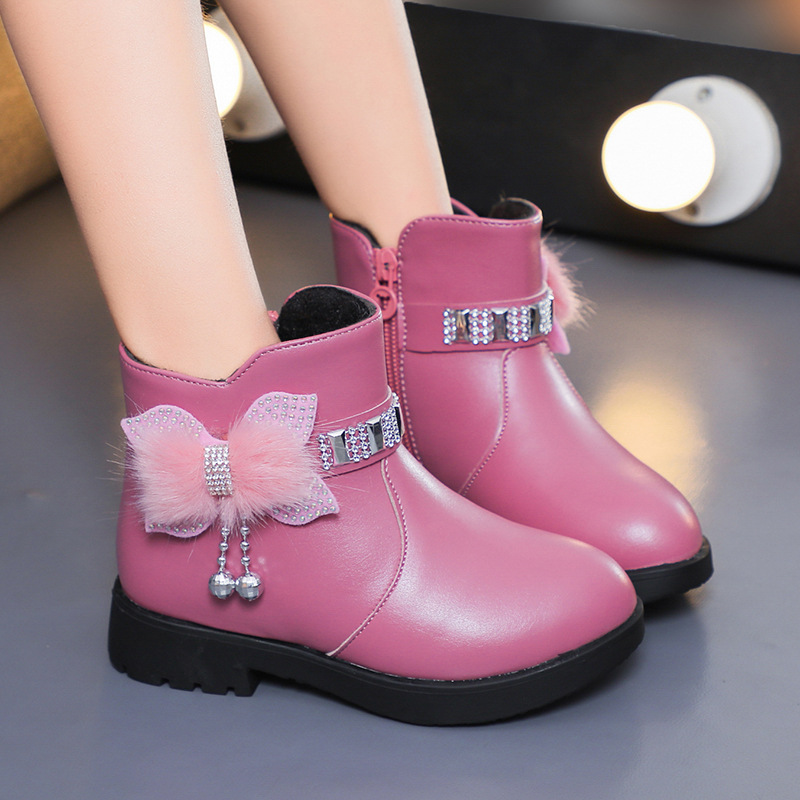 Children's Cotton Boots Princess Fashion Bow Baby Warm Leather Boots 2024 Winter Girls Rhinestone Medium Boots