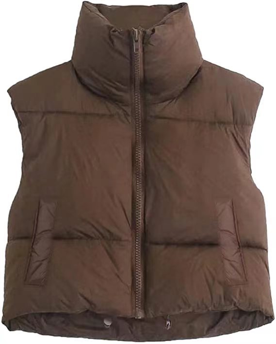Gilet en coton de style européen et américain pour femme, gilet d'hiver à col montant en coton épais sans manches, gilet en pain pour femme_voghion.com