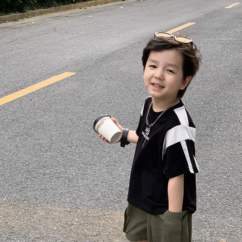 Boys' Summer Short-sleeved T-shirt New Children's Wear European and American Style Children's Color-matching Distinctive Round Neck Half-sleeved Fashionable Mid-Big Children