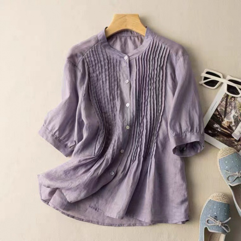 2023 Summer New Arrival Middle-Aged Fashionable Retro Thin Linen Top Women's Thin Cotton and Linen Short-Sleeved Shirt