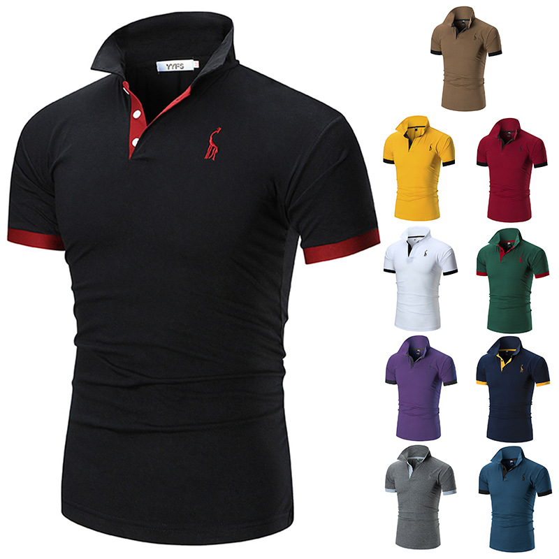 New foreign trade multi-color short-sleeved men's polo shirt European and American casual deer embroidered top outdoor slim thin T-shirt