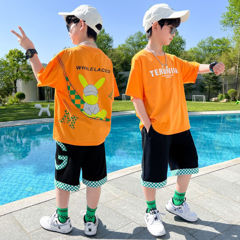 Children's Boys' Suit Summer 2024 New Arrival Big Boy's Summer Korean Style Foreign Handsome Short-Sleeved Fashionable Clothes