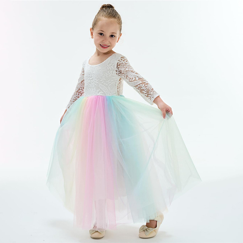 European and American Best Selling Girls Colorful dress Trendy Dress for Little Girls Princess Dress Evening Performance Children Lace Dress