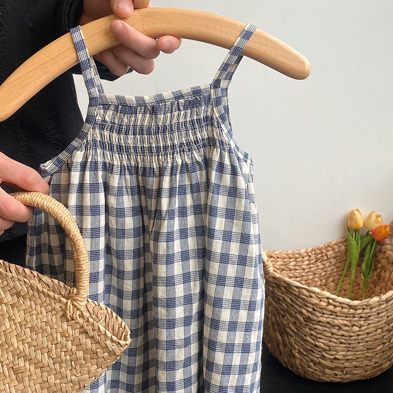 Girl's Mori Plaid suspender skirt 2024 Summer new children's dress baby girl's skirt medium and small children's dress