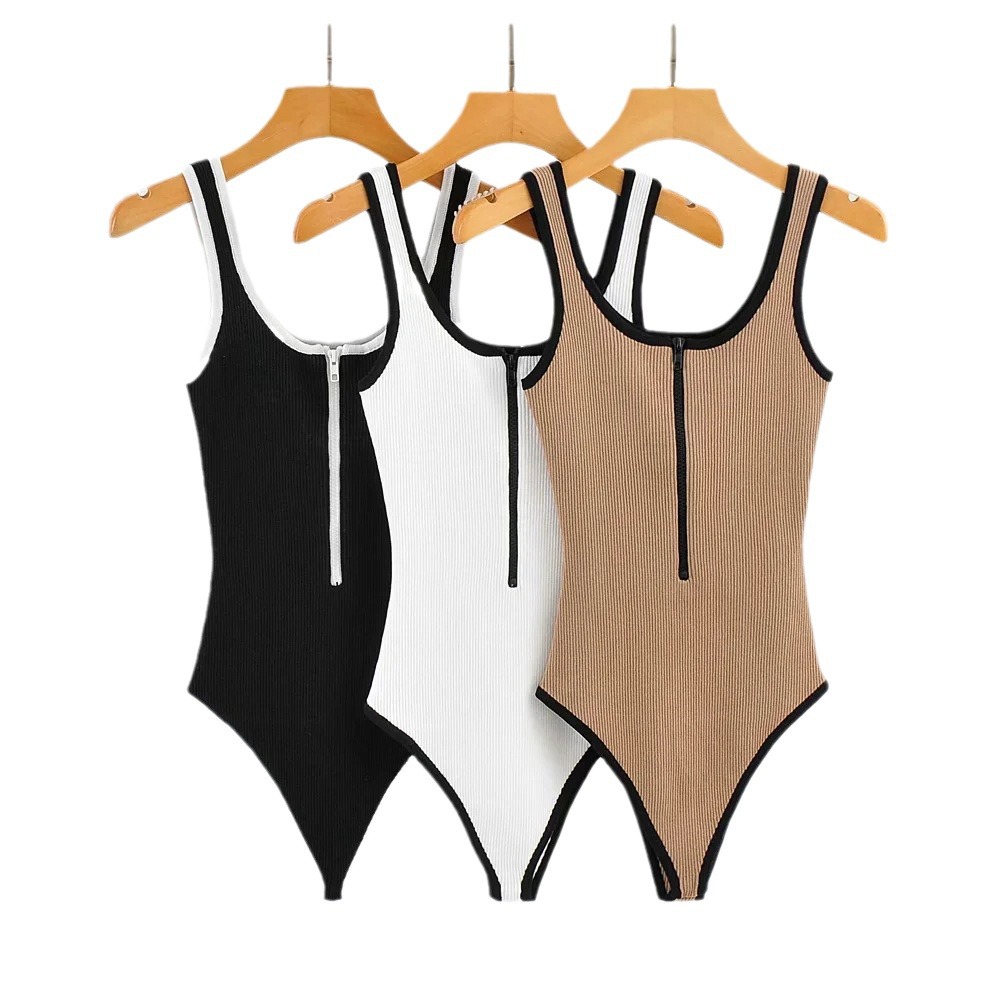 In Stock European and American Amazon cross-border foreign trade women's clothing summer edge contrast color sexy zipper vest knitted jumpsuit