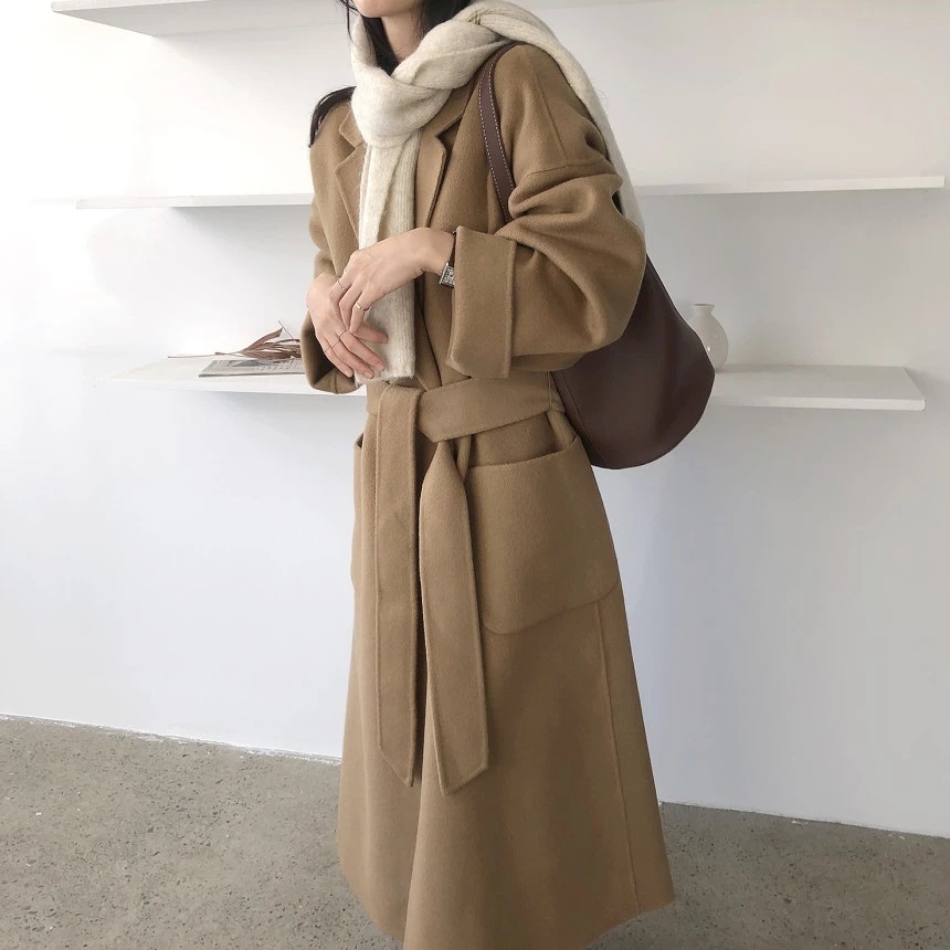 South Korea Dongdaemun 2023 autumn and winter New lace-up cashmere coat Women's Mid-length loose over-the-knee woolen coat_voghion.com