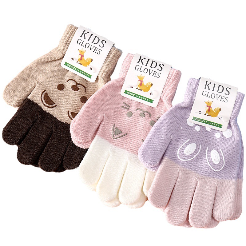 Children's cartoon gloves autumn and winter warm finger cute boys and girls finger gloves knitted primary school student gloves