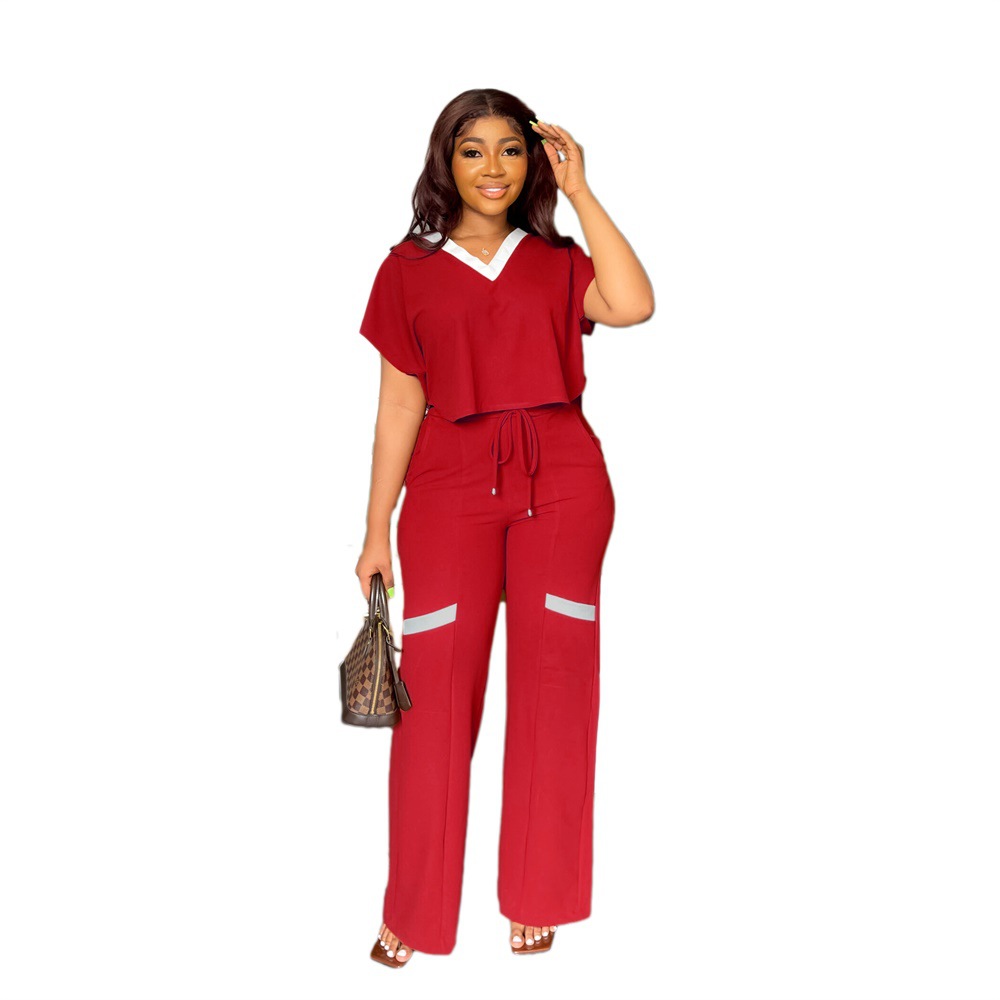 9887 Cross-border Europe and America Amazon Solid Color Casual Short-sleeved T-shirt Sports Set Straight Pants Summer Two-piece Set