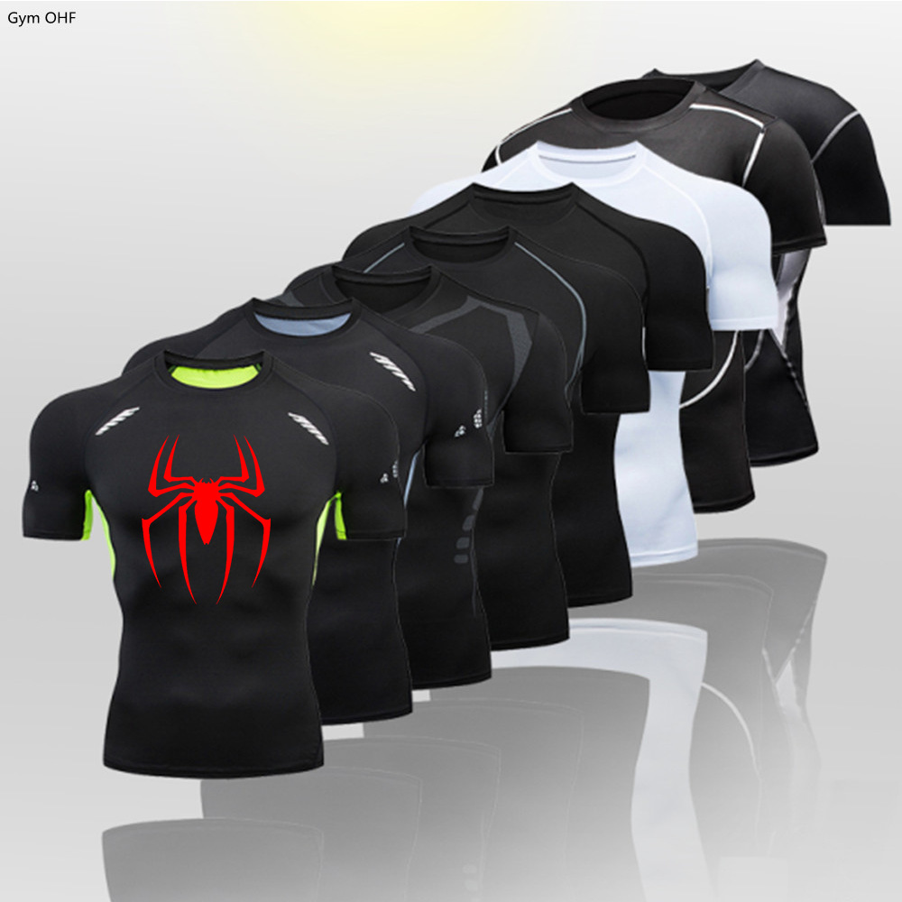 Spider hot cross-border manufacturers sell men's fitness tight T-shirt quick-drying high elastic sports shirt undershirt