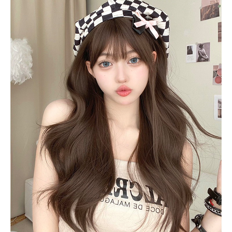 Cold Brown gentle temperament long curly hair full head cover women's fashion Lady big wave wig age-reducing atmosphere