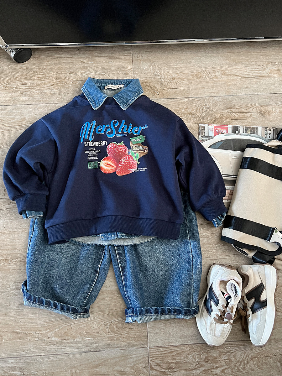 KALATOM autumn boy fruit printed long sleeve sweater children's casual round neck warm sweater baby top