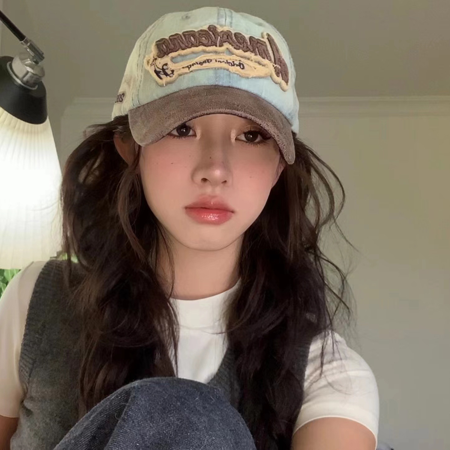 馨幫幫 做舊英文棒球帽百搭短檐遮陽帽大頭圍顯臉小牛仔鴨舌帽女