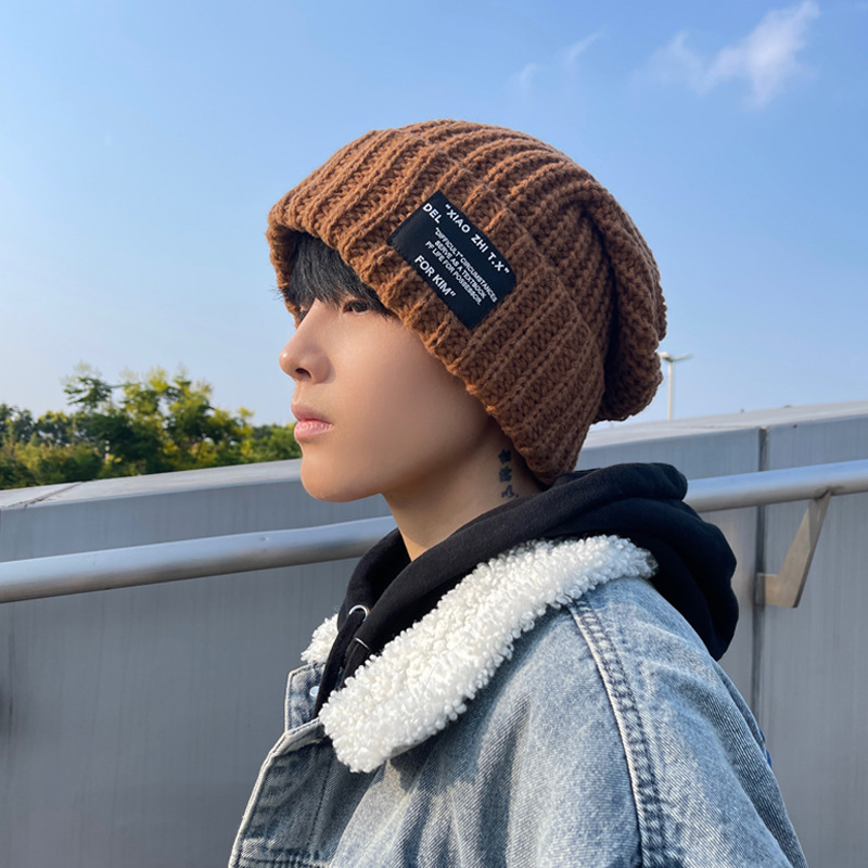 Hat Men's Autumn and Winter Fashionable Wool Hat for Couple Men's and Women's Warm All-match Cold Hat Loose Big Head Wai Knitted Hat for Men