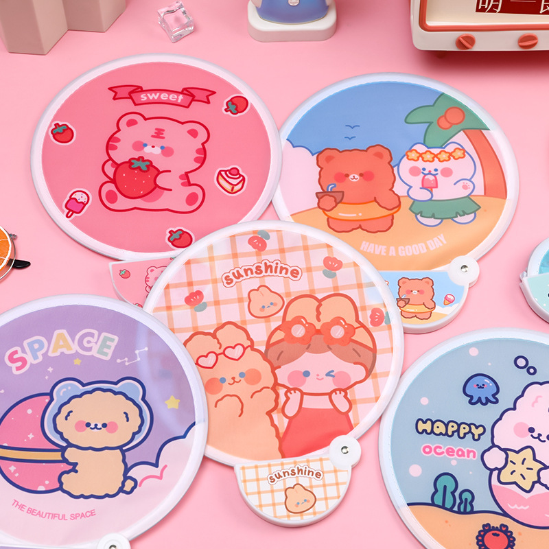 Cartoon Folding Round Fan Cute Ins Girl Portable Small Round Fan Student Outdoor Portable Cloth Mini Fan