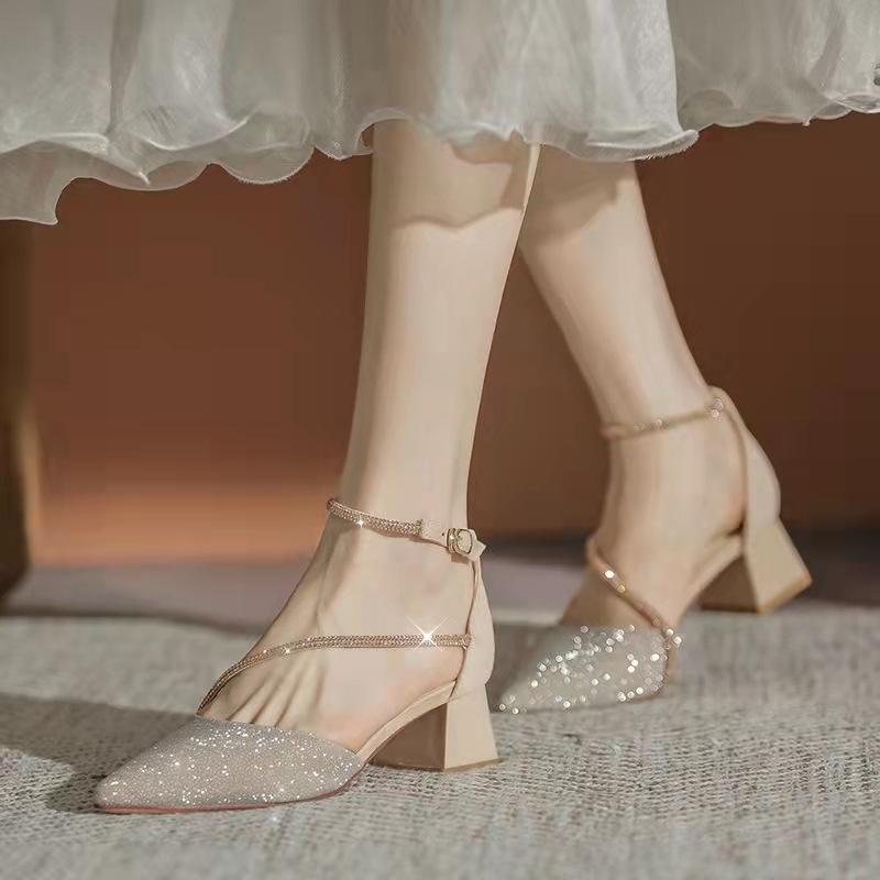 Chunky Heel High Heels Women's 2022 New Spring and Autumn Pointed One-character Buckle with Rhinestone Matching Skirt Mid Heel Single Shoes