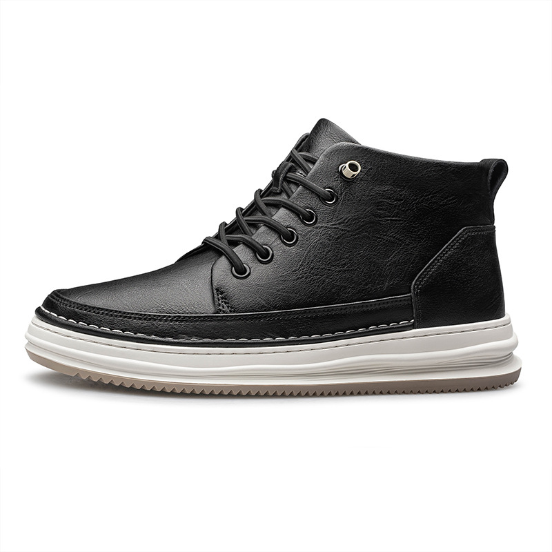 Autumn cowhide men's round toe lace-up sneakers genuine leather casual fashionable shoes men's mid-top leather shoes invisible hidden hidden height increasing men's shoes