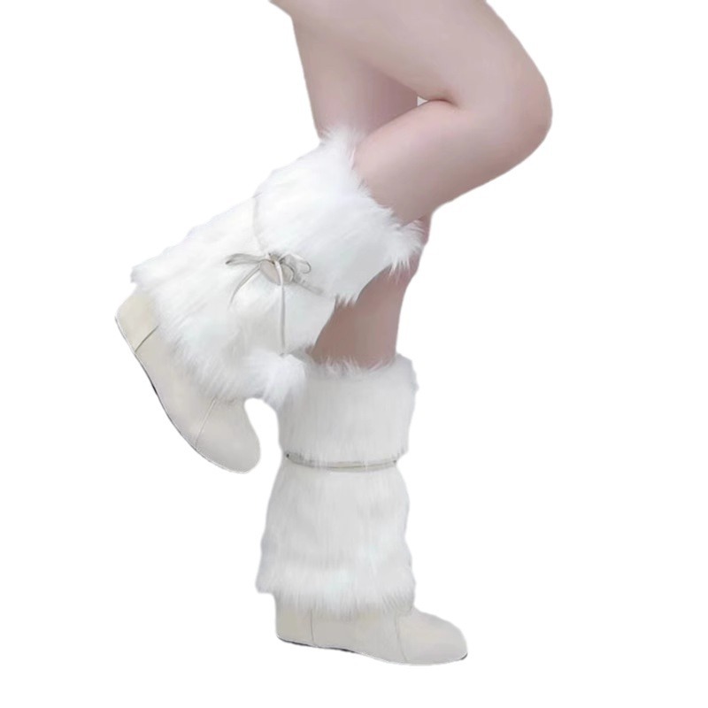 Korean style color matching sleeve round toe flat fur boots knee boots 2023 Winter niche lace-up mid-calf boots