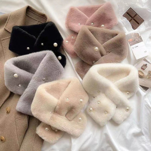 Women's faux Rex rabbit fur scarf Korean style autumn and winter versatile solid color thick warm Pearl scarf cross Scarf neck protection