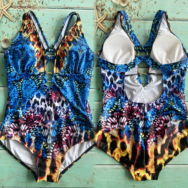 2022 Cross-border European and American One-piece Swimsuit Women's Printed Deep V Cross Backless bikini bikini Beach Swimsuit