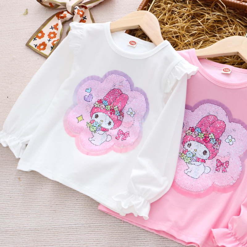 2024 children's clothing spring new girls' T-shirt long-sleeved bottoming shirt puff sleeve color-changing sequined top one-piece delivery