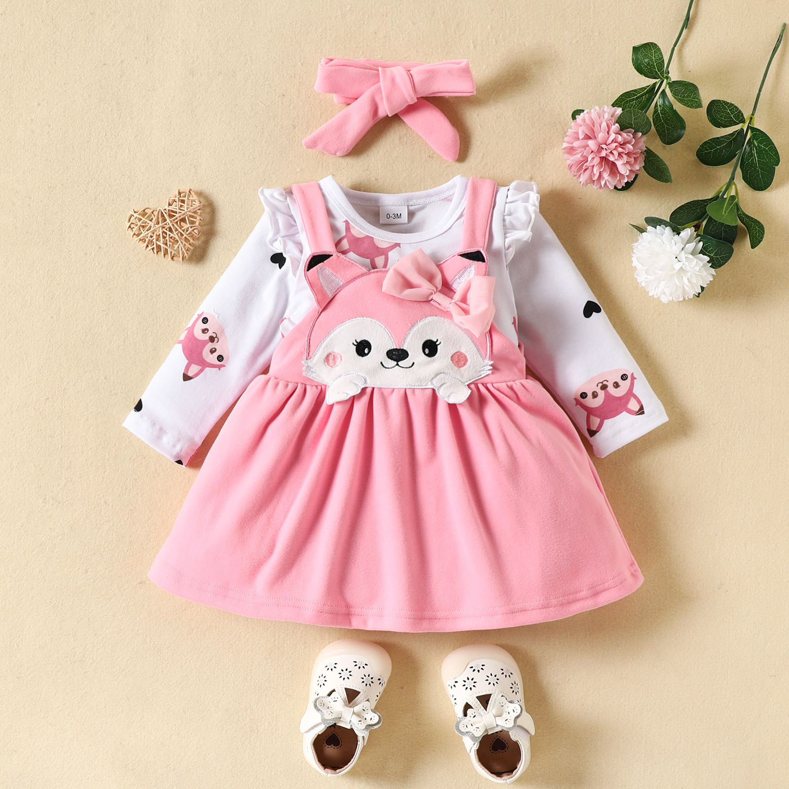 Baby autumn and winter cartoon fox love printed long-sleeved romper bow strap dress suit bow fashion