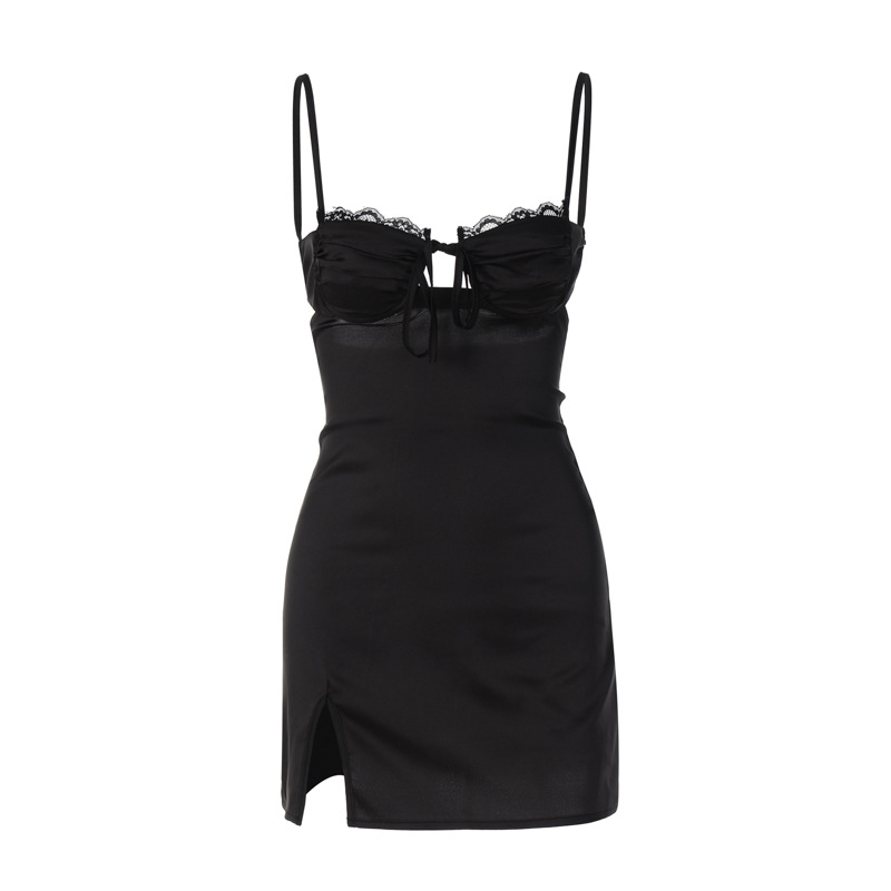 European and American women's clothing wholesale 2023 Summer new sexy V-neck lace lace lace-up split hip-wrapped hot girl dress