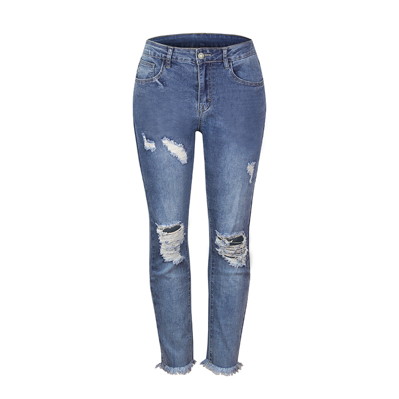 2021 Cross-border Amazon Independent Station Ripped Tassel Elastic Mid-waist Small Straight Jeans Women's Super Hot