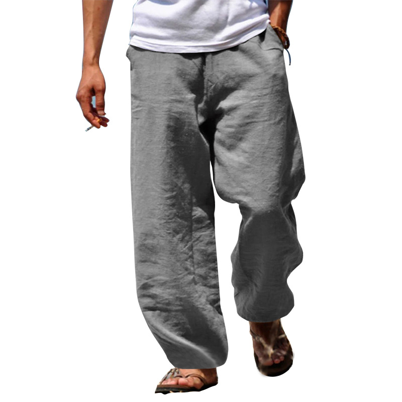 European and American Cotton and Linen Casual Pants 2023 Spring New Men's Loose Cotton and Linen Drawstring Hip-Hop Light Wide Leg Straight Pants Men's Wear