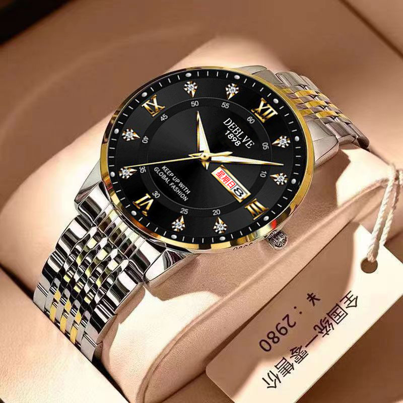 Classic Fashion ultra-thin luminous double calendar steel belt men's watch waterproof diamond nine beads with solid watch