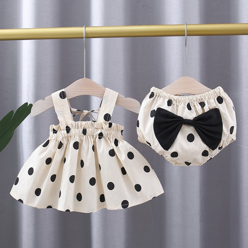 Summer New Fashion Girl Baby 3-piece Set European and American Polka Dot Sling Dress Panties Bow Sun Hat