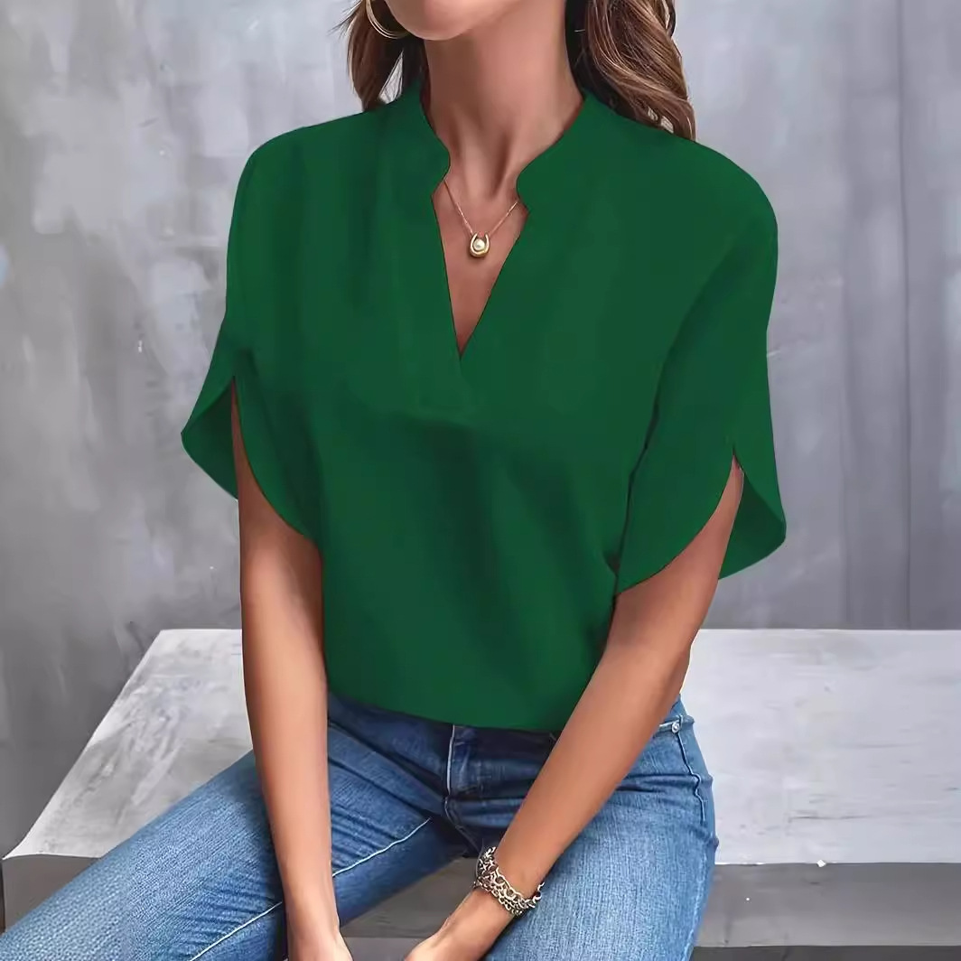 Amazon Europe and America Cross-border Foreign Trade Women's 2024 Summer Casual Solid Color V-neck Loose Shirt Top Women