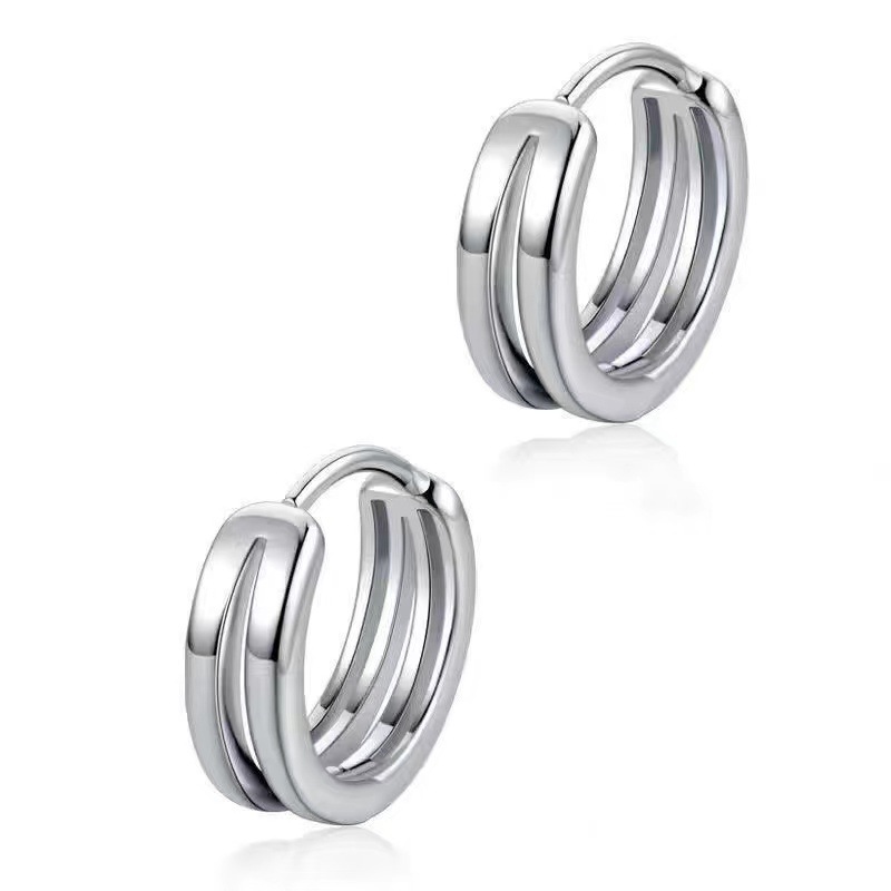 Double-ring Hollow-out Ear Buckle Men's Fashionable Simple Internet-famous Single Earrings for Boys Geometric Double-ring Ear Ring Distressed Ear Jewelry