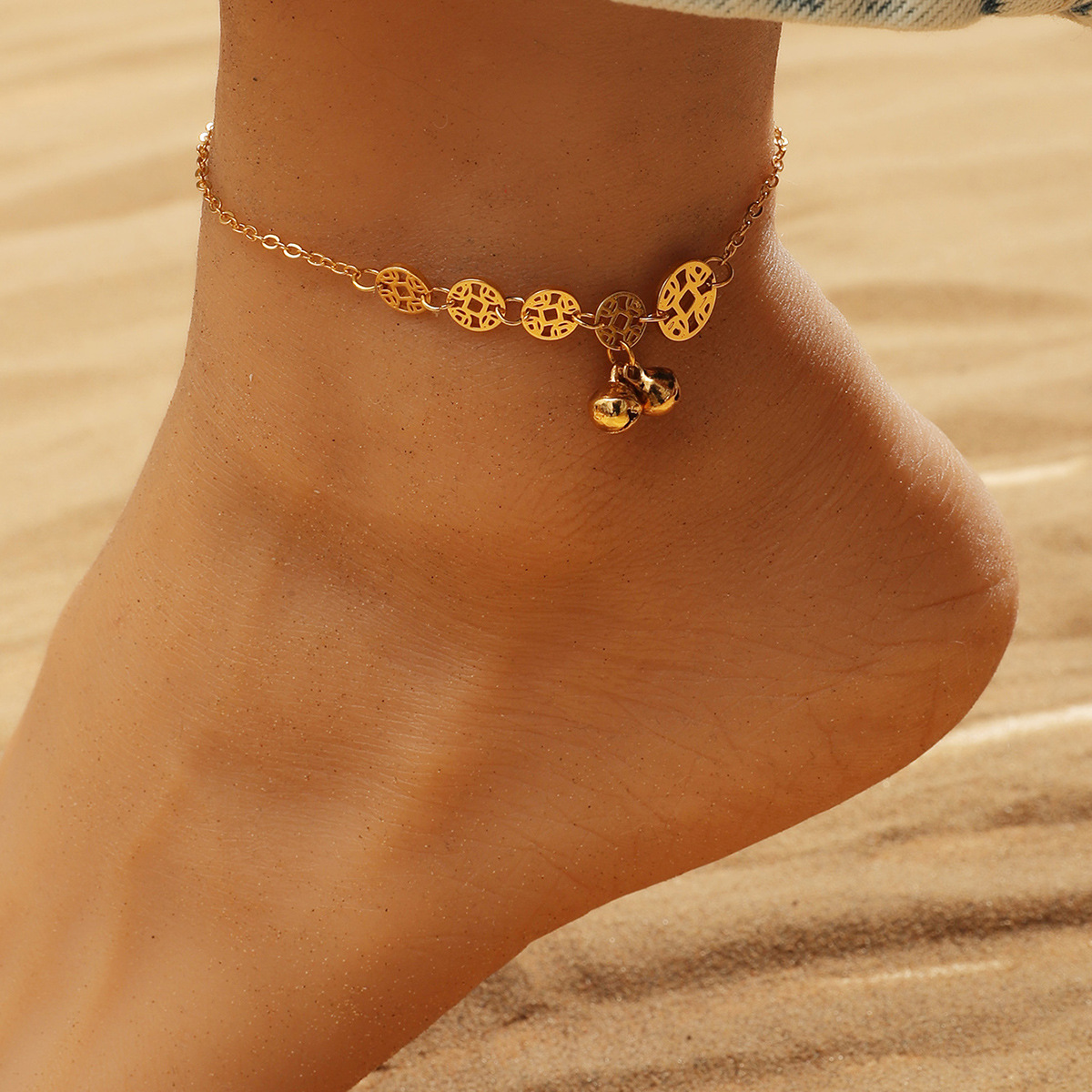 Korean Style Simple Round Bead Coin Anklet Cyber Celebrant Metal Bell Hollow Pendant Anklet for Summer Transport Accessories for Women