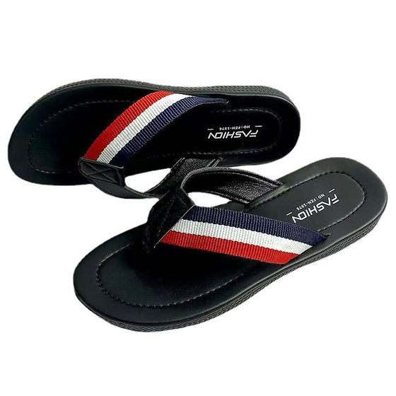 Fashionable color matching woven leather flip-flops men's non-slip deodorant home outdoor slippers lightweight beach slippers