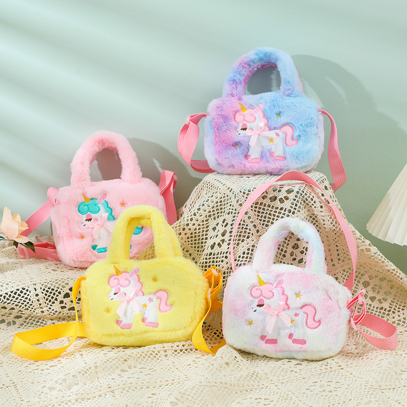 New Small Square Bag Cute Handbag Children's Cartoon Unicorn Plush Square Shoulder Bag Kindergarten Girls Crossbody Bag