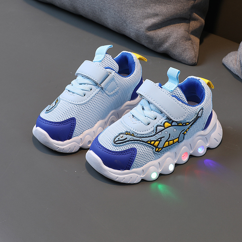 Popular boys and girls dinosaur sneaker LED light spring and autumn new mesh breathable elastic slip-on children's shoes