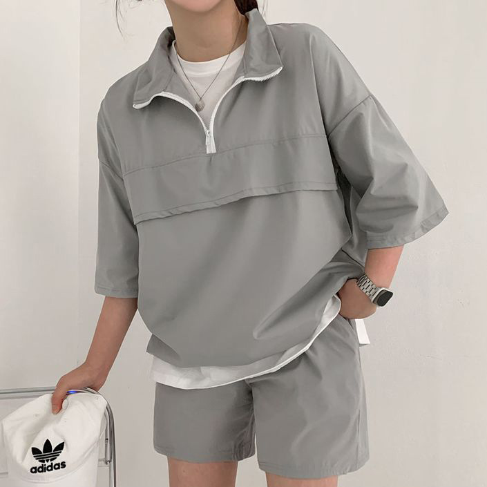 Suit women's turtleneck zipper short-sleeved shorts two-piece Korean-style summer fashion casual sportswear loose couple