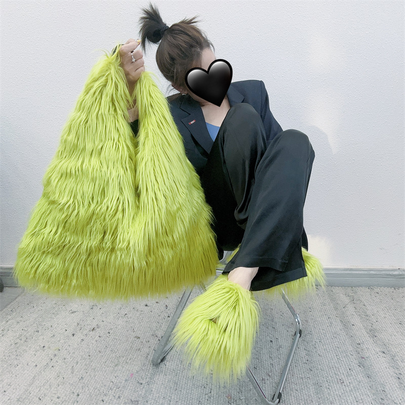 Foreign Trade Cross-border New Waterfall Large Capacity Shoulder Tote Bag Plush Faux Fur Y2K Millennium Hot Girl Bag