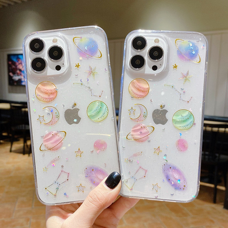 Suitable for iphone16 Phone Case Creative Planet Transparent Sequin Glue Dropping All-inclusive New S25Ultra Protective Case