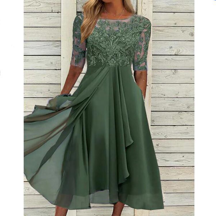 2023 European Station Cross-border Amazon Dress Chiffon Stitching Lace Hollow Dress Bridesmaid Evening Dress Women's Dress