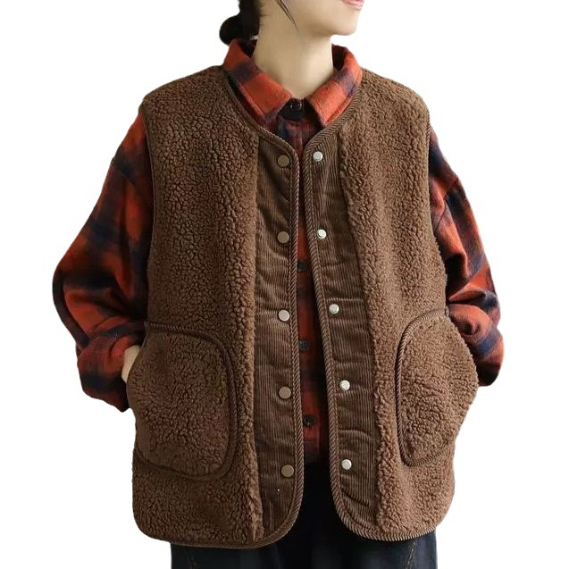 Gilet in pelliccia di agnello bifacciale per donna autunno e inverno Nuovo gilet retrò artistico ampio in velluto a coste cappotto positivo e negativo cappotto imbottito in cotone_voghion.com