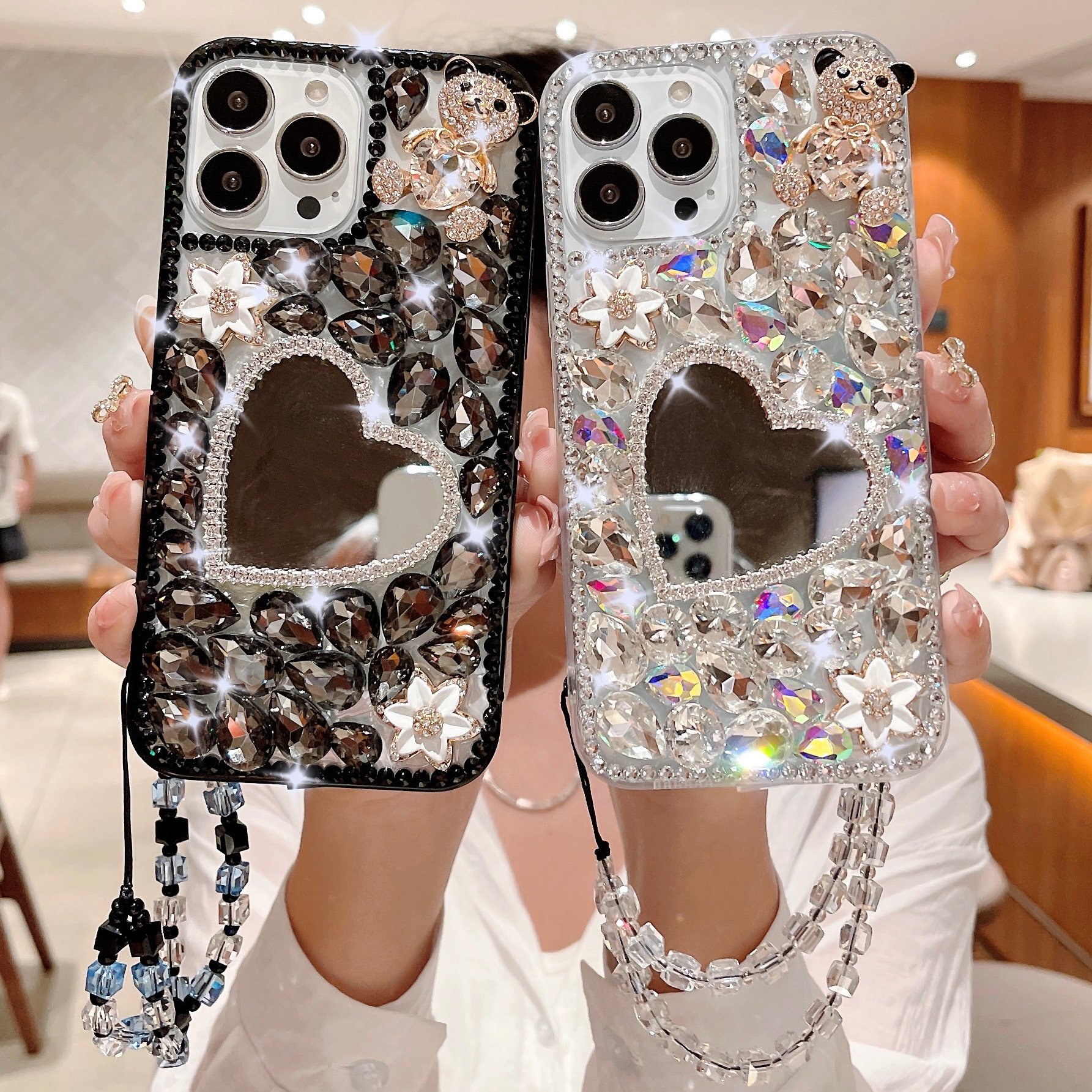 水鑽適用蘋果15pro手機殼愛心鏡面小熊iPhone14奢華13全包12防摔