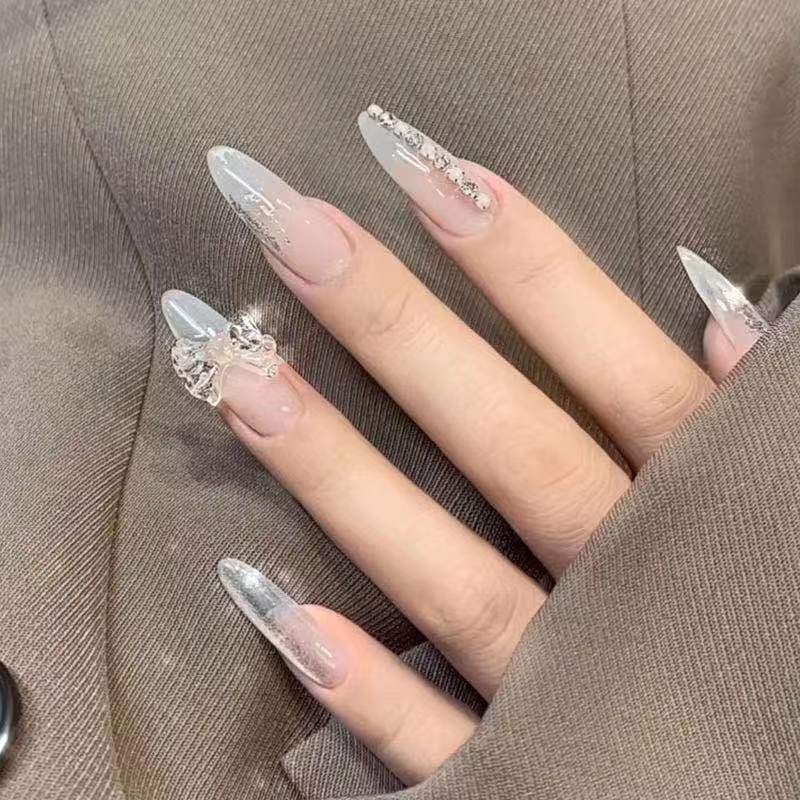 雅婕娜-冰透圓頭蝴蝶結穿戴甲 長款歐美假指甲成品美甲貼片Nail