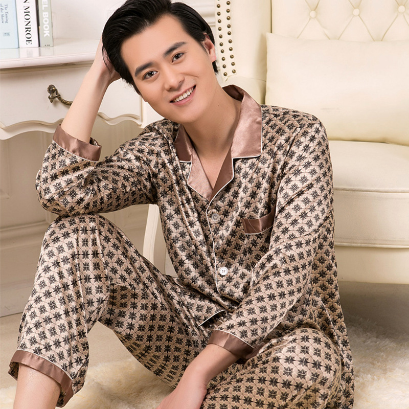 Spring and Autumn Thin Silk Long-sleeved Men's Pajamas Silk-like Men's Plus Size Short-sleeved Pajamas Ice Silk Summer Home Clothes