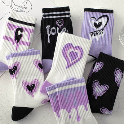 Purple love socks women's spring and summer high-looking mid-calf socks ins trendy all-match cartoon letters college style cotton socks