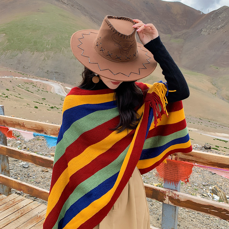 Ethnic Style Knitted Tassel Rainbow Color Shawl Poncho Travel Tibetan Style Photograph Summer Sun Protection Women's Outer Wear