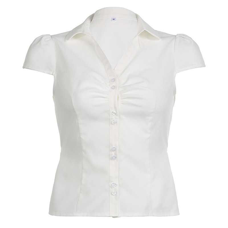 ins American Style Light Mature Niche Design Pleated Lapel Waistband Solid Color Short-sleeved Slim-fit Commuter Shirt for Women
