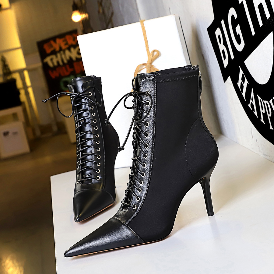 1838-1 Korean Fashion Sexy Slimming Women's Boots Thin Heel High Heel Shallow Mouth Pointed Lace-up Cross Strap Ankle Boots